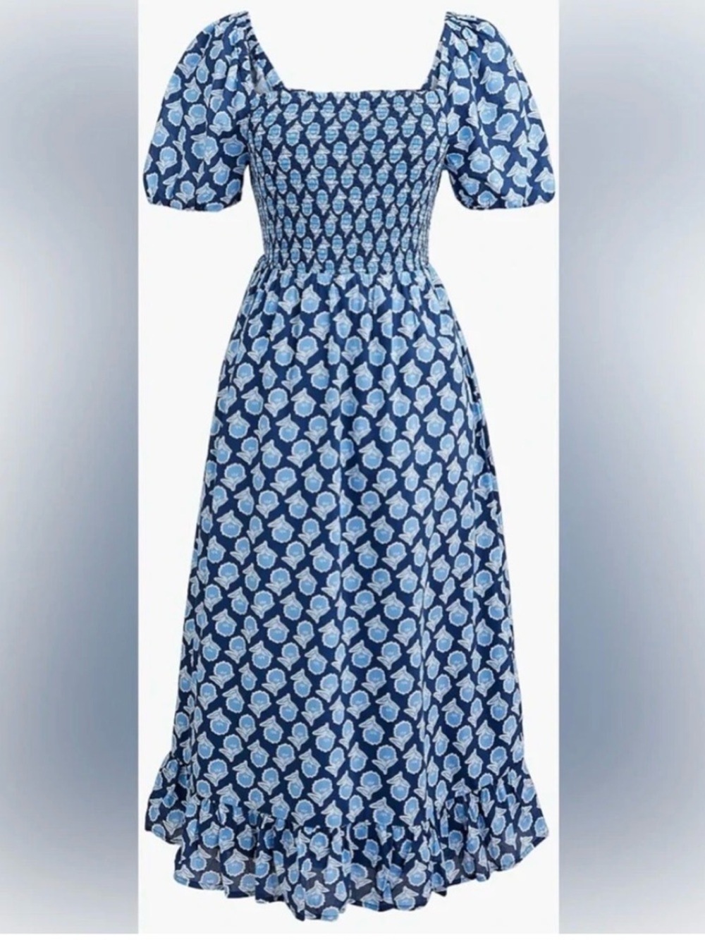 J. Crew Navy and Light Blue Floral Smocked Midi Dress